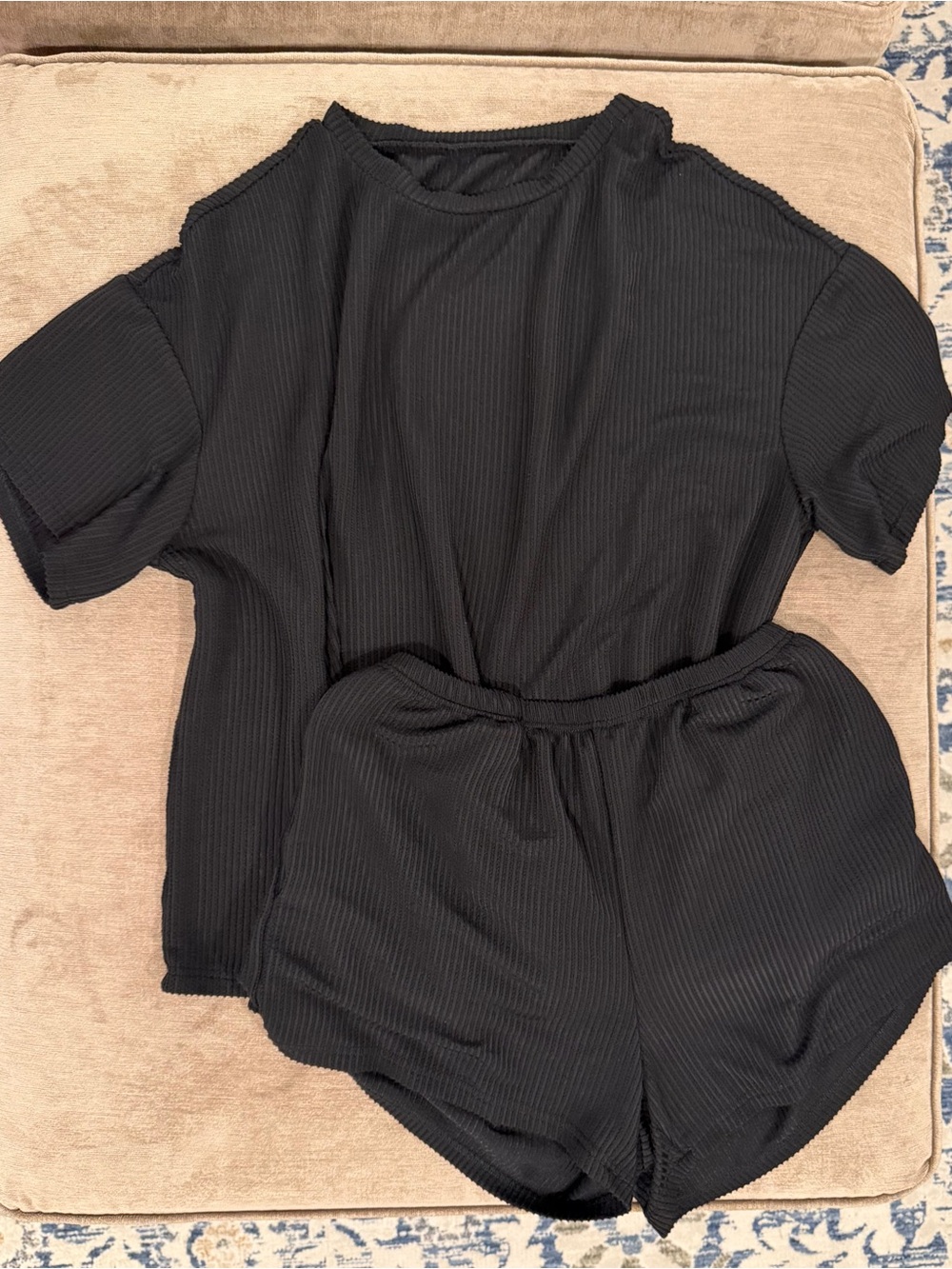 Women’s 2 Piece Casual Ribbed Loose Black Lounge Set - Picture 2 of 2